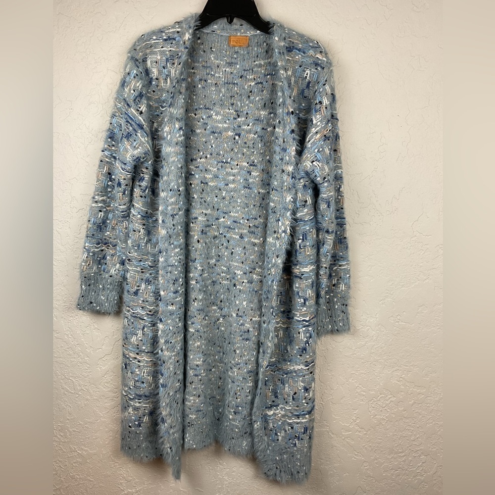 Women’s POL Lt. Blue Textured Knitted Open Front Longline Duster Cardigan Soft